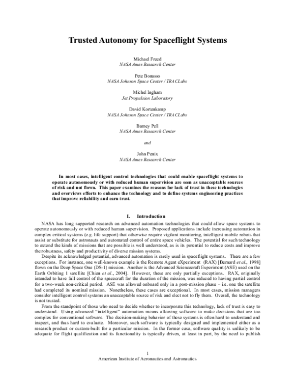 (PDF) Trusted Autonomy for Spaceflight Systems