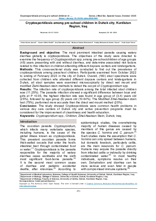 (PDF) Cryptosporidiosis among pre-school children in Duhok city ...