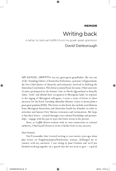 (PDF) Writing back: A letter to Samuel Griffith from his great-great ...