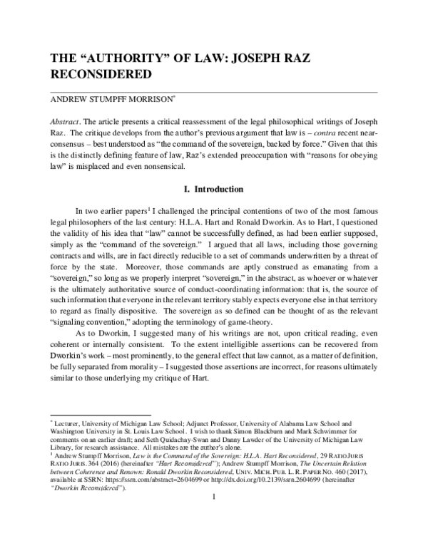 (PDF) The 'Authority' of Law: Joseph Raz Reconsidered