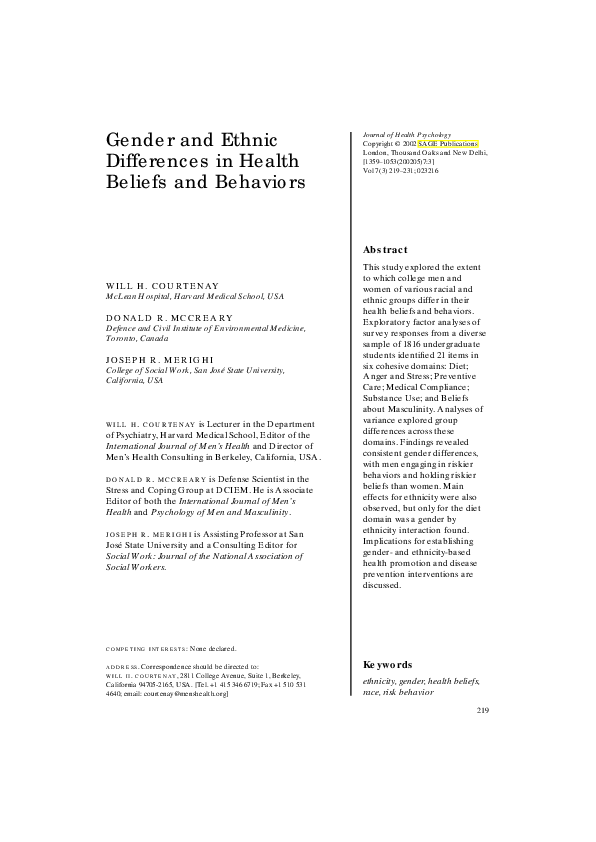 (PDF) Gender and Ethnic Differences in Health Beliefs and Behaviors