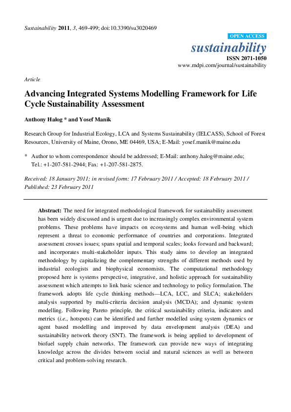 (PDF) Article Advancing Integrated Systems Modelling Framework for Life ...