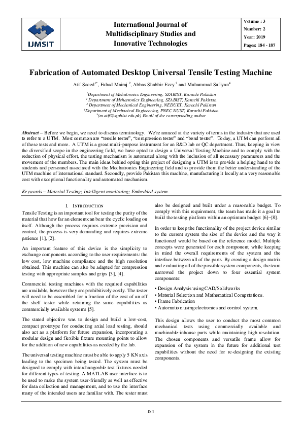 (PDF) Fabrication of Automated Desktop Universal Tensile Testing Machine