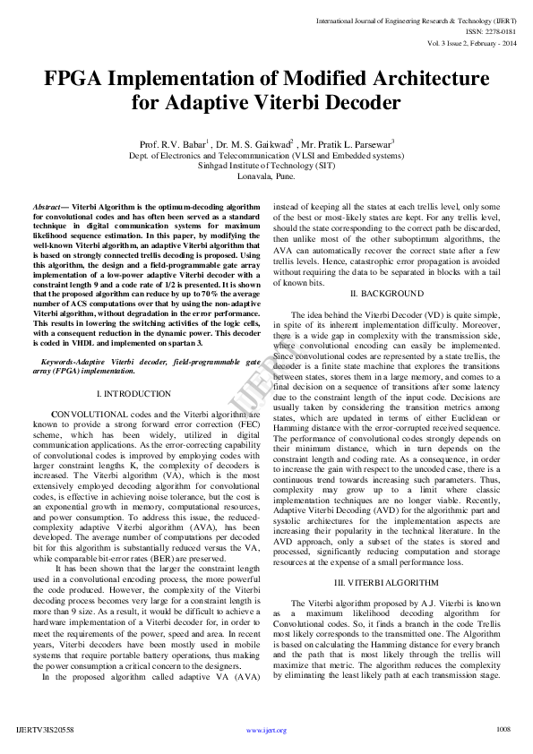 (PDF) FPGA Implementation of Modified Architecture for Adaptive Viterbi ...