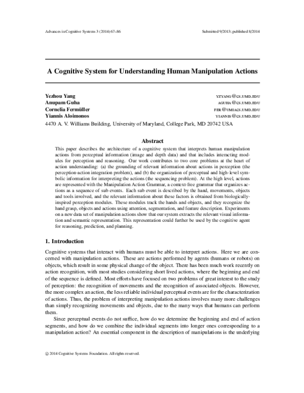 (PDF) A cognitive system for understanding human manipulation actions
