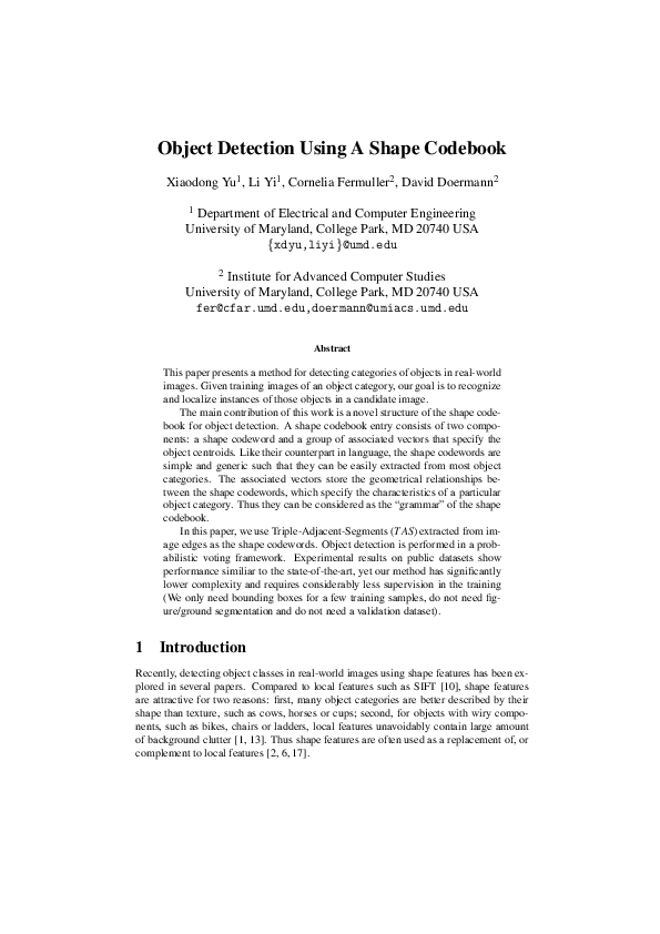 (PDF) Object Detection Using A Shape Codebook