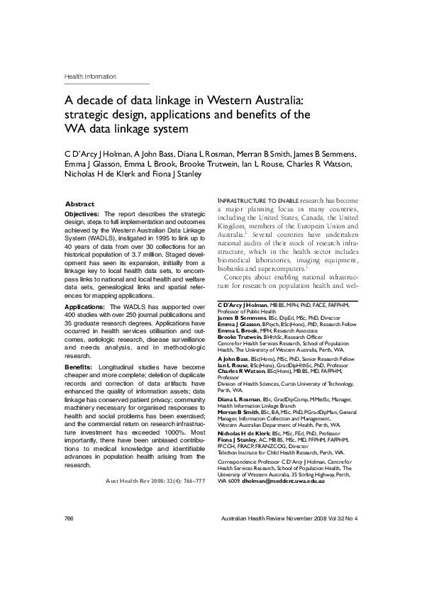 (PDF) A decade of data linkage in Western Australia: strategic design ...