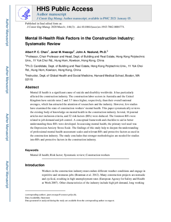 (PDF) Mental Ill-Health Risk Factors in the Construction Industry ...