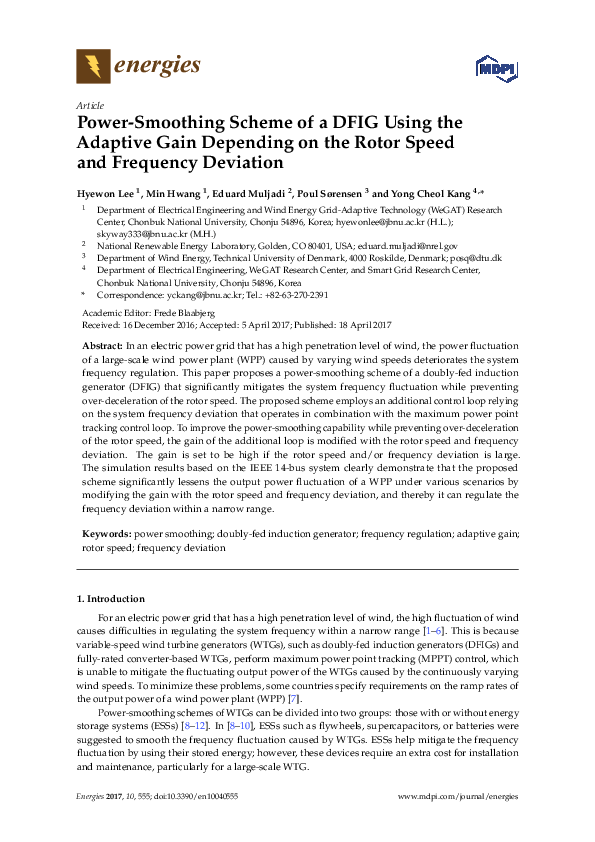 (PDF) Power-Smoothing Scheme of a DFIG Using the Adaptive Gain ...