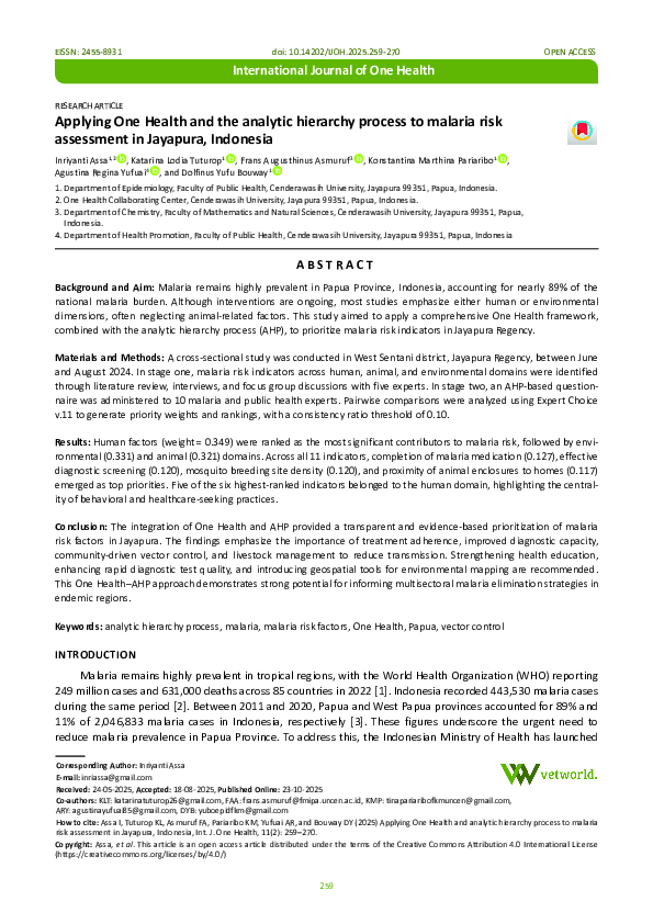 (PDF) Applying One Health and the analytic hierarchy process to malaria ...