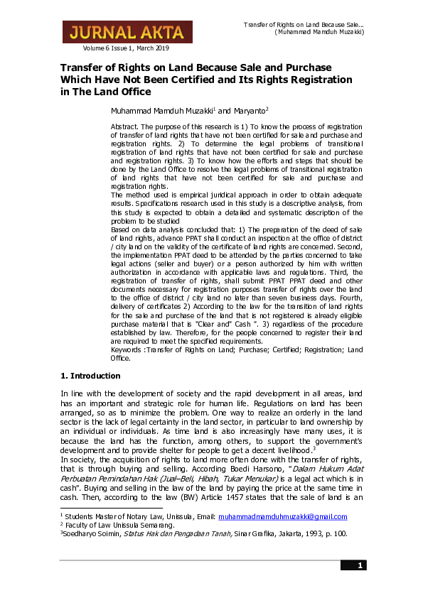 (PDF) Transfer of Rights on Land Because Sale and Purchase Which Have ...