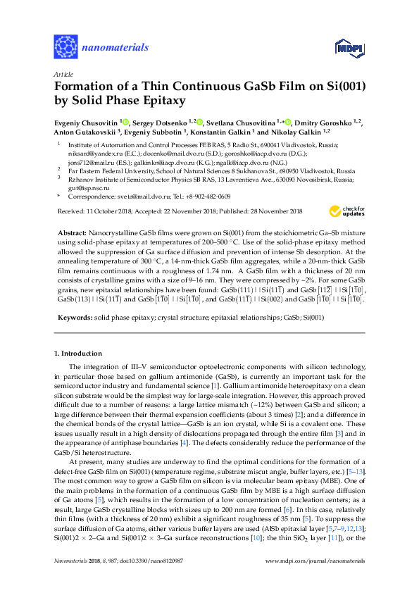 (PDF) Formation of a Thin Continuous GaSb Film on Si(001) by Solid ...