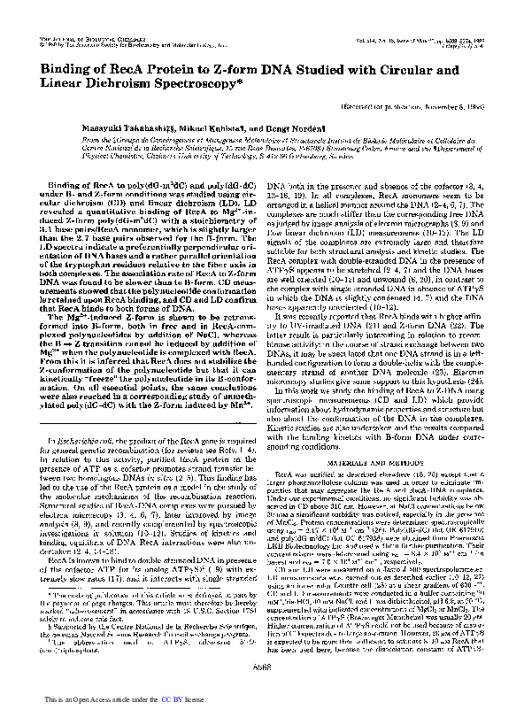 (PDF) Binding of RecA Protein to Z-form DNA Studied with Circular and ...