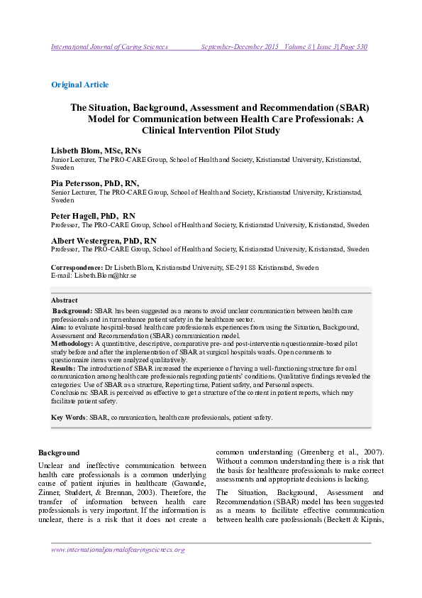 (PDF) The Situation, Background, Assessment and Recommendation (SBAR ...