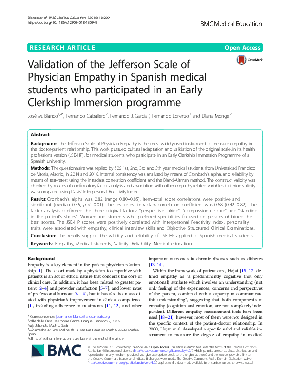 (PDF) Validation of the Jefferson Scale of Physician Empathy in Spanish ...