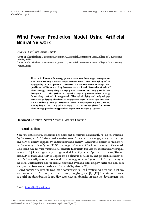 (PDF) Wind Power Prediction Model Using Artificial Neural Network