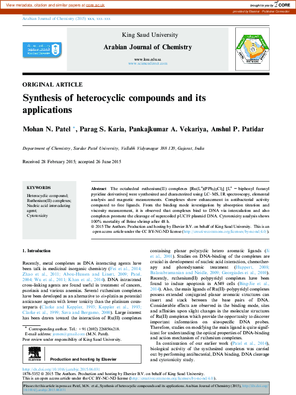 (PDF) Synthesis of heterocyclic compounds and its applications