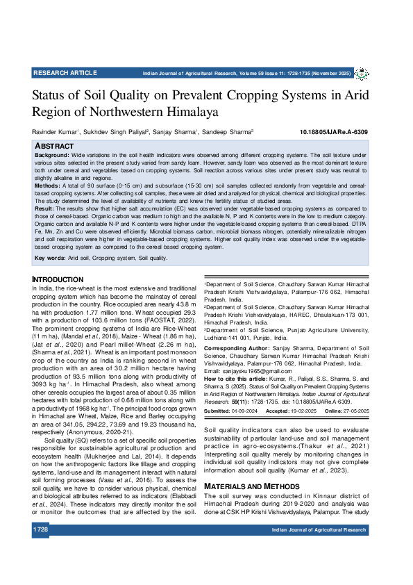 (PDF) Status of Soil Quality on Prevalent Cropping Systems in Arid ...