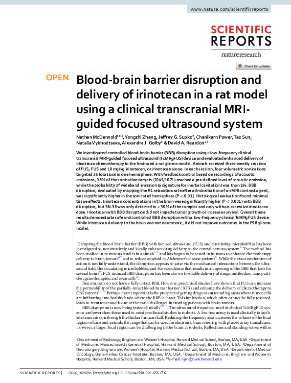 (PDF) Blood-brain barrier disruption and delivery of irinotecan in a ...