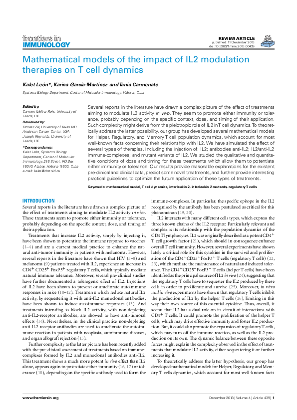 (PDF) Mathematical Models of the Impact of IL2 Modulation Therapies on ...