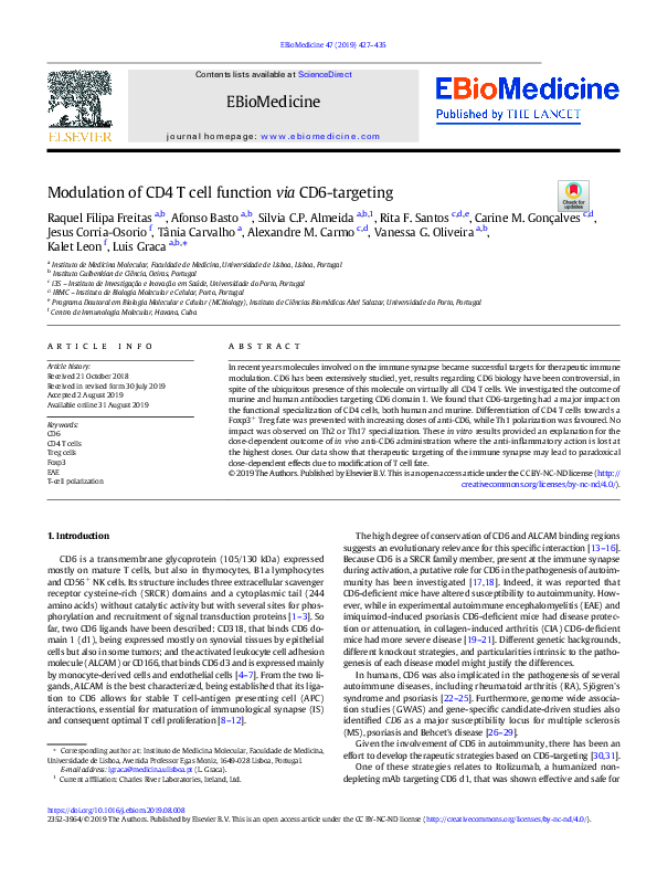 (PDF) Modulation of CD4 T cell function via CD6-targeting