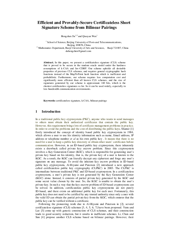 (PDF) Efficient and provably-secure certificateless short signature ...