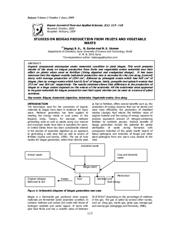 (PDF) STUDIES ON BIOGAS PRODUCTION FROM FRUITS AND VEGETABLE WASTE