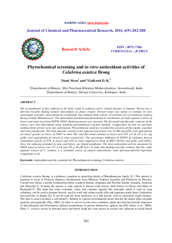 (PDF) Phytochemical screening and in-vitro antioxidant activities of ...