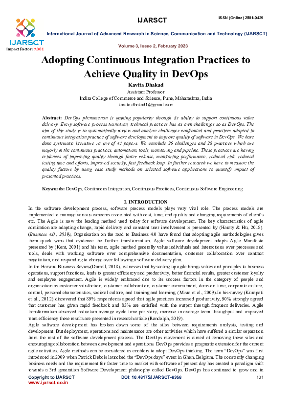 (PDF) Adopting Continuous Integration Practices to Achieve Quality in ...