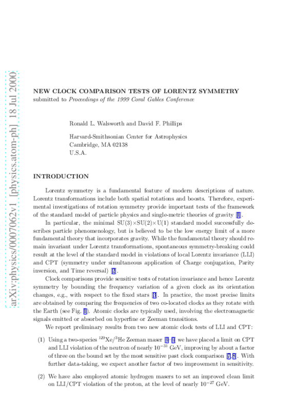 (PDF) New clock comparison tests of Lorentz symmetry