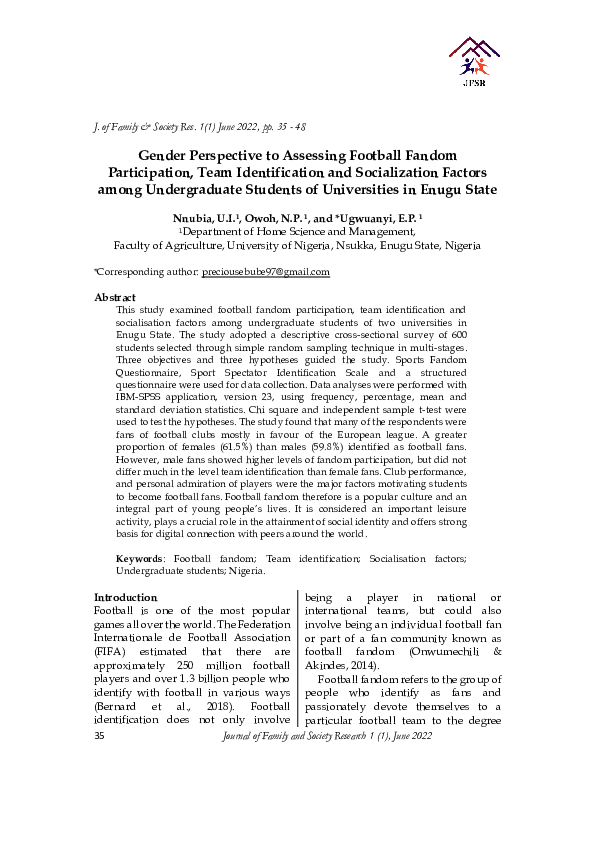 (PDF) Gender Perspective to Assessing Football Fandom Participation ...
