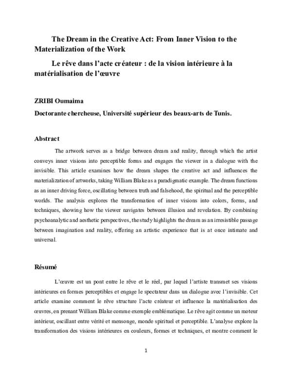 (PDF) The Dream in the Creative Act: From Inner Vision to the ...