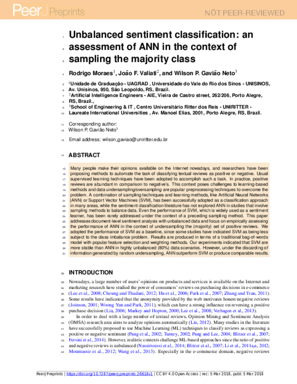 (PDF) Unbalanced sentiment classification: an assessment of ANN in the ...