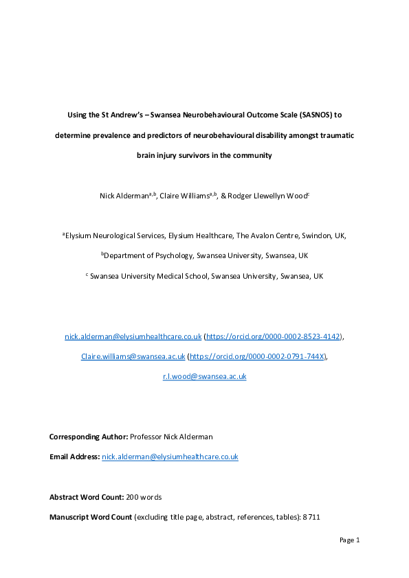 (PDF) Using the St Andrew’s – Swansea Neurobehavioural Outcome Scale ...