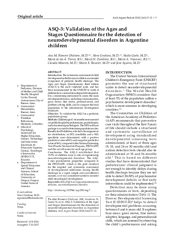 (PDF) ASQ-3: Validation of the Ages and Stages Questionnaire for the ...