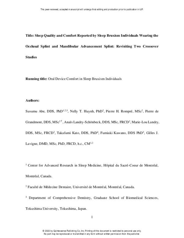 (PDF) Sleep Quality and Comfort Reported by Sleep Bruxism Individuals ...