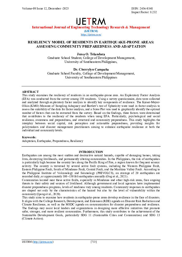 (PDF) RESILIENCY MODEL OF RESIDENTS IN EARTHQUAKE-PRONE AREAS ...