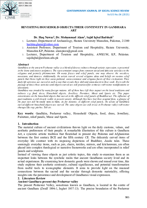 (PDF) REVISITING HOUSEHOLD OBJECTS:THEIR CONTINUITY IN GANDHARA ART