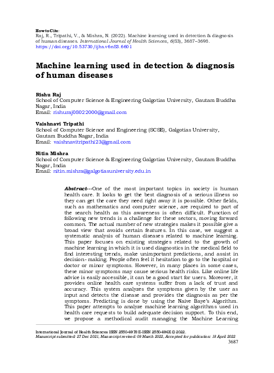 (PDF) Machine learning used in detection & diagnosis of human diseases