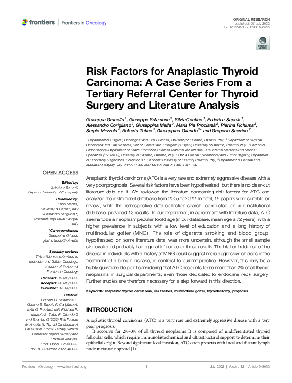 (PDF) Risk Factors for Anaplastic Thyroid Carcinoma: A Case Series From ...