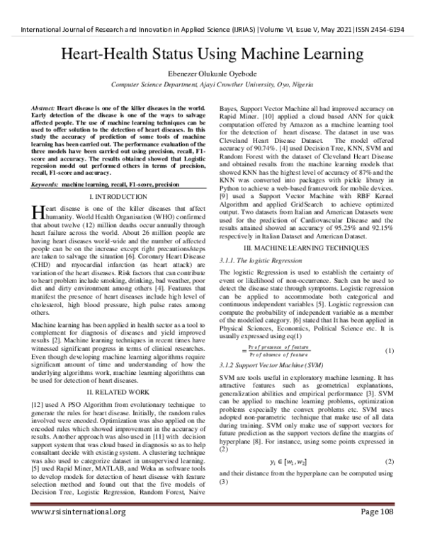 (PDF) Heart-Health Status Using Machine Learning