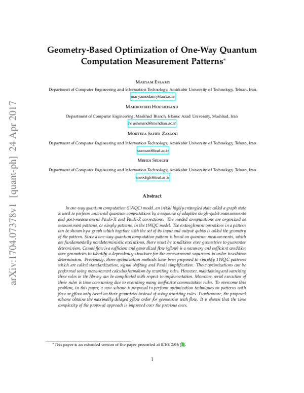 (PDF) Optimization of One-Way Quantum Computation Measurement Patterns