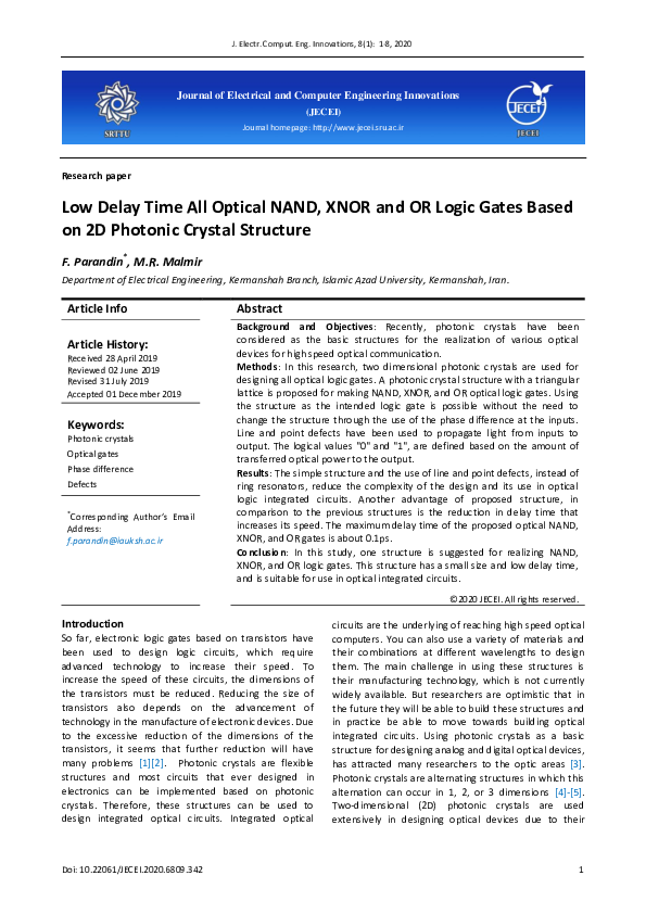 (PDF) Low Delay Time All Optical NAND, XNOR and OR Logic Gates Based on ...