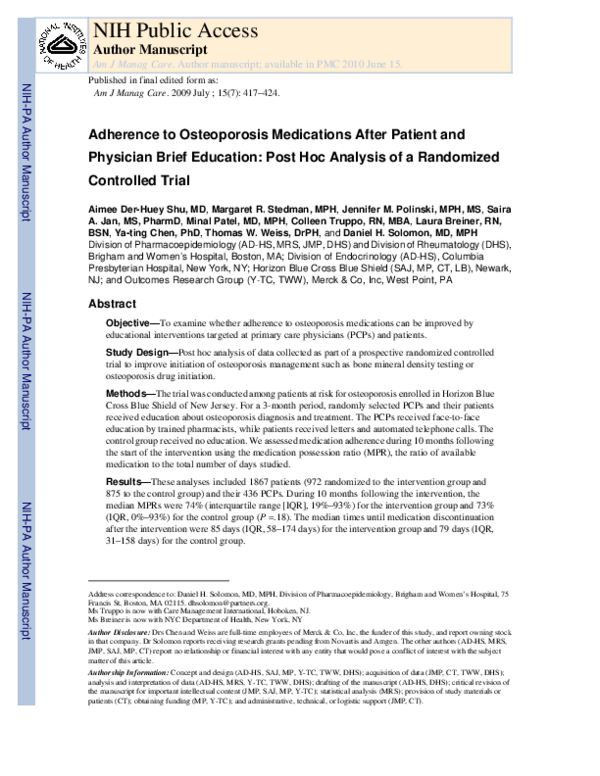 (PDF) Adherence to osteoporosis medications after patient and physician ...