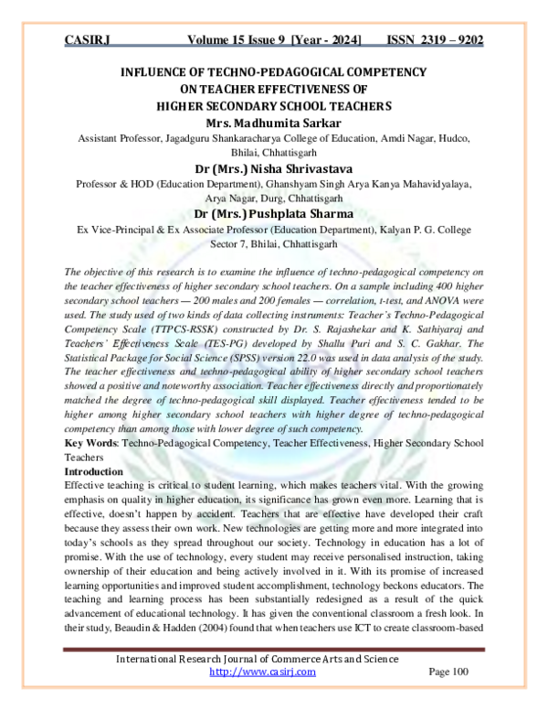(PDF) INFLUENCE OF TECHNO-PEDAGOGICAL COMPETENCY ON TEACHER ...