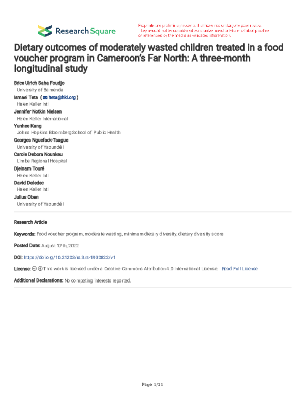 (PDF) Dietary outcomes of moderately wasted children treated in a food ...
