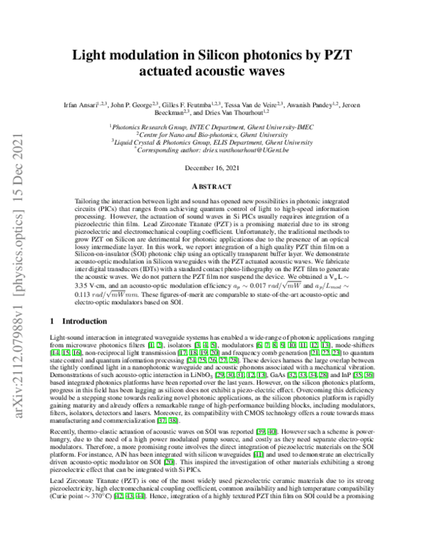 (PDF) Light Modulation in Silicon Photonics by PZT Actuated Acoustic Waves