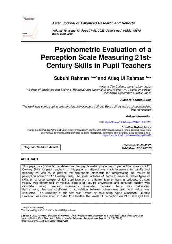 (PDF) Psychometric Evaluation of a Perception Scale Measuring 21st ...