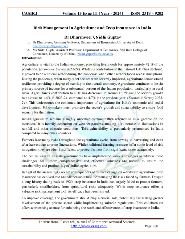 (PDF) Risk Management in Agriculture and Crop Insurance in India