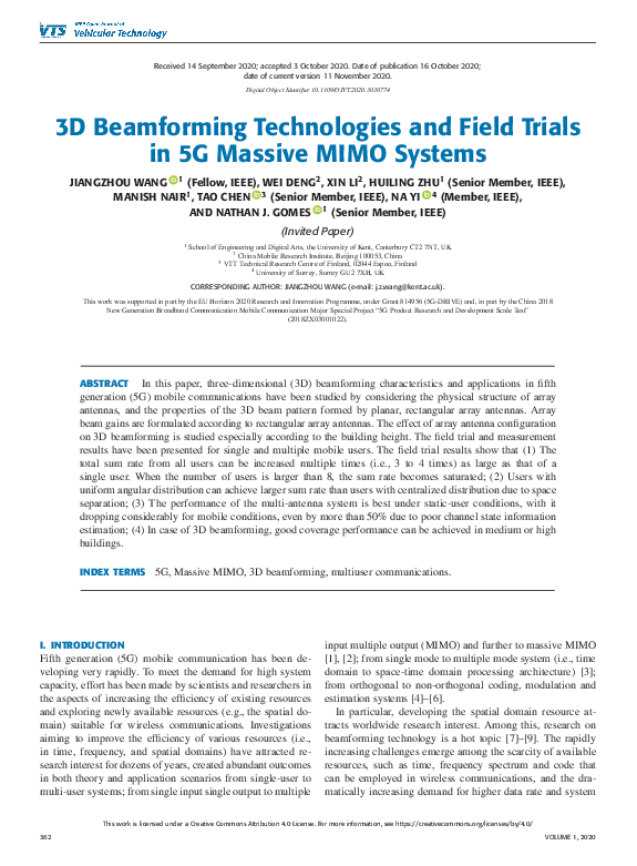 (PDF) 3D Beamforming Technologies and Field Trials in 5G Massive MIMO ...